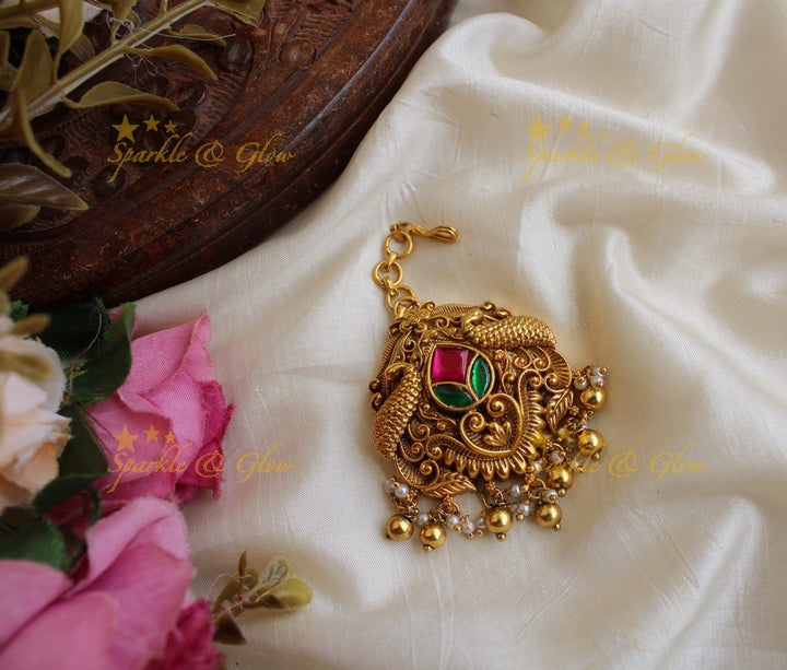 Peacock design jadau maang tikka with mint green beads