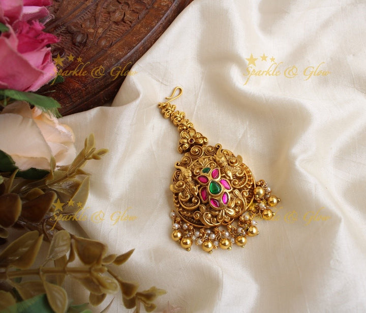 Elephant and floral design jadau maang tikka with gold beads