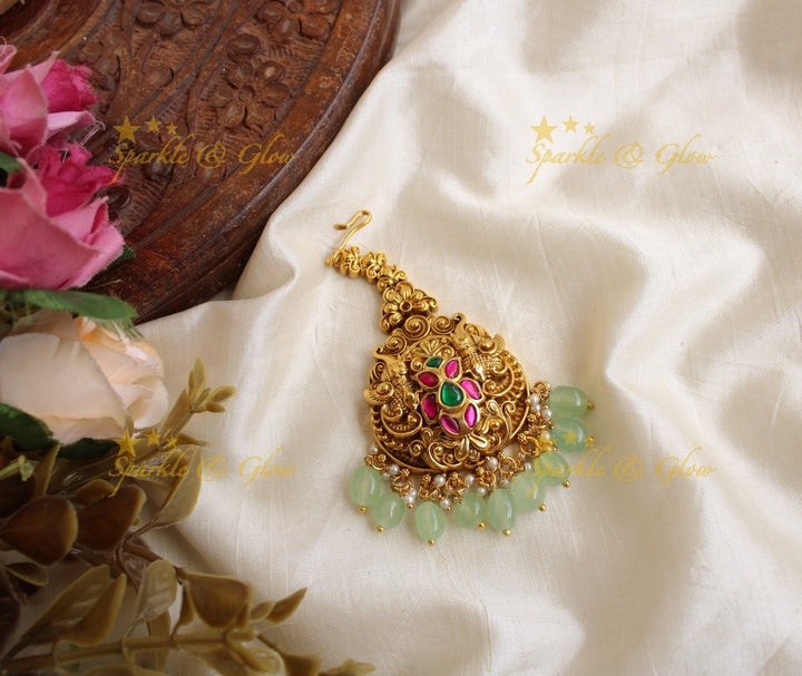 Elephant and floral design jadau maang tikka with gold beads
