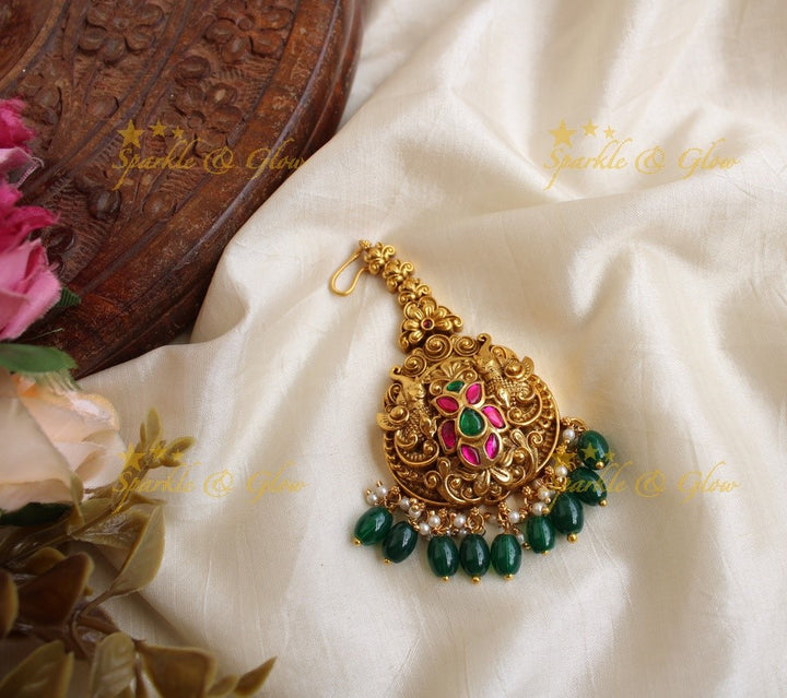 Elephant and floral design jadau maang tikka with gold beads
