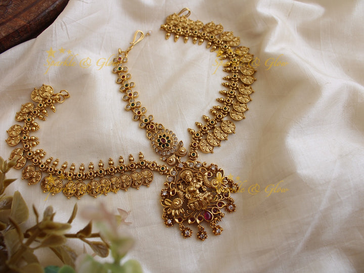 Grand  Bridal three sided Lakshmi coin maang tikka with multi colour stones