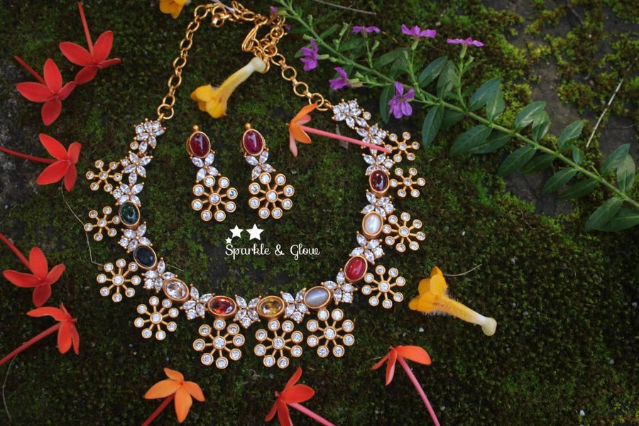 Statement navarathna stone premium quality matte AD necklace - Sparkle and Glow