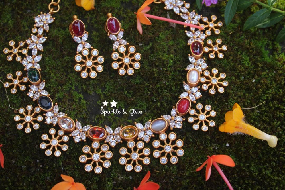Statement navarathna stone premium quality matte AD necklace - Sparkle and Glow