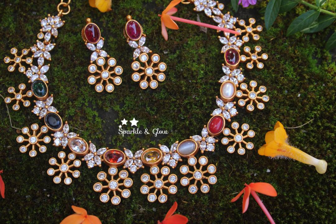 Statement navarathna stone premium quality matte AD necklace
