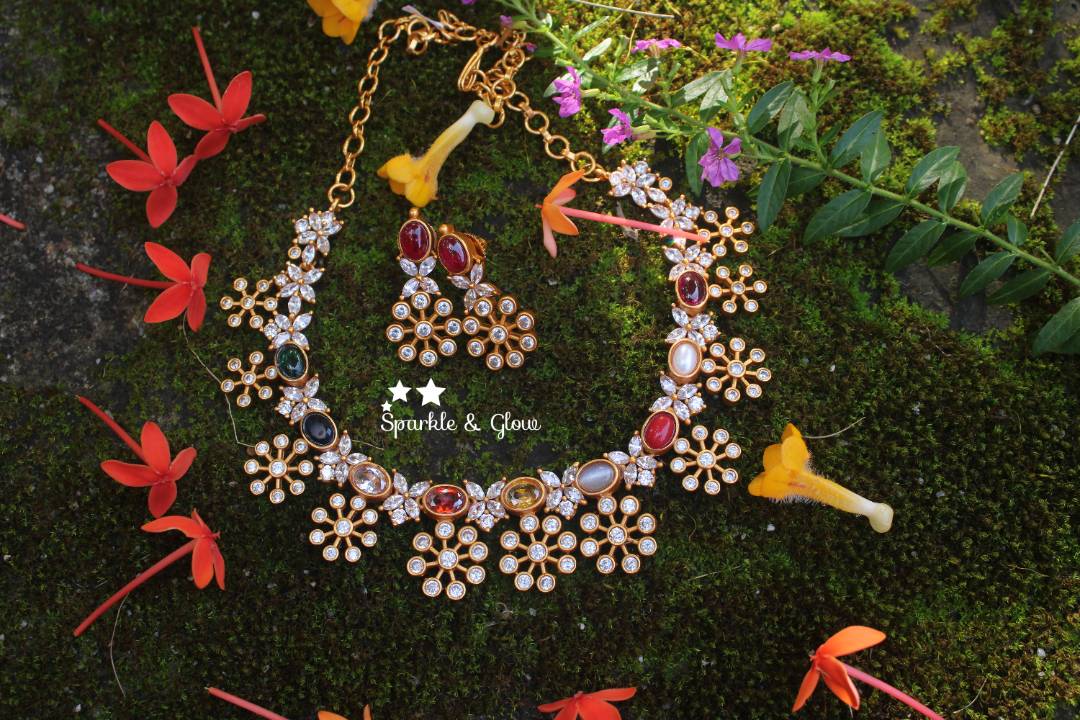 Statement navarathna stone premium quality matte AD necklace