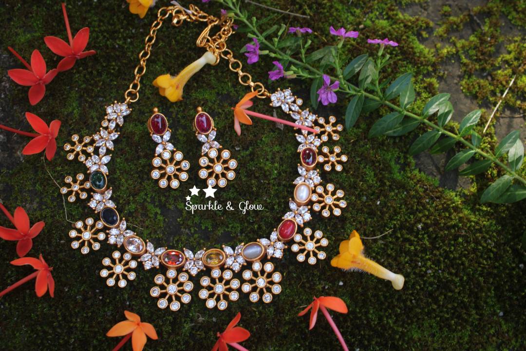 Statement navarathna stone premium quality matte AD necklace