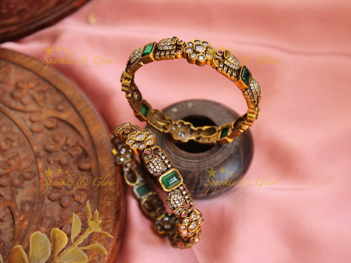 Statement Elephant design victorian bangles with ruby and emerald a pair,