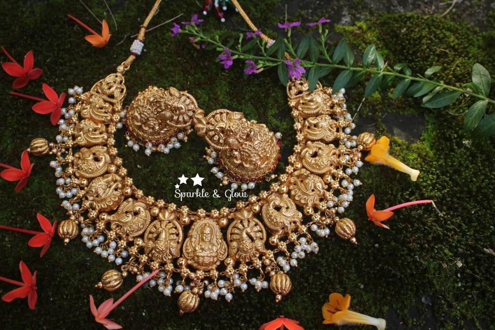 Intricately carved peacock nagas gutta pusalu necklace - Sparkle and Glow