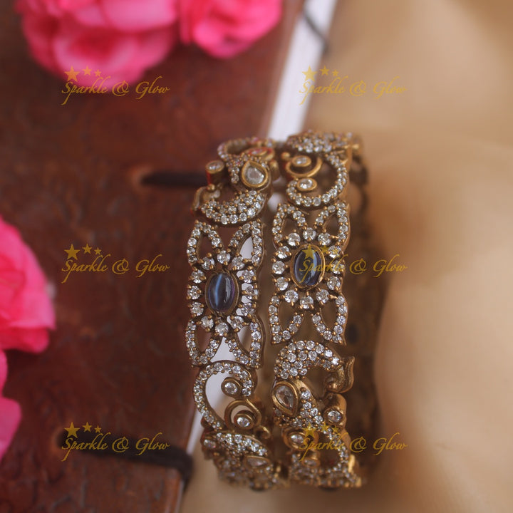 Elegant peacock floral design victorian bangles with navy blue stones a pair,