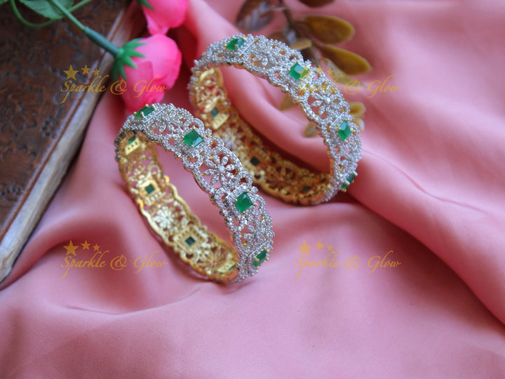 Grand floral design american diamond bangle Green , Pink