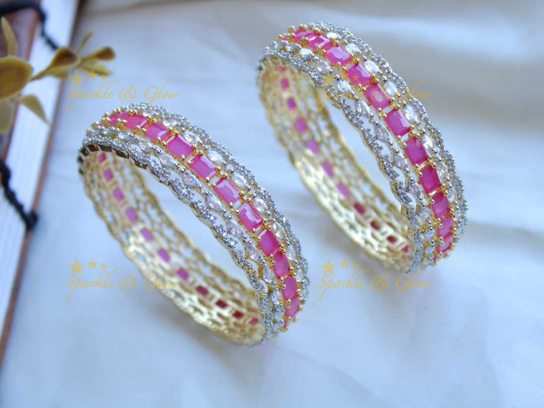 Grand intrecate american diamond bangle with ruby a pair,
