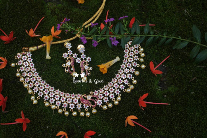 AD stones flower / star designed peacock necklace - White