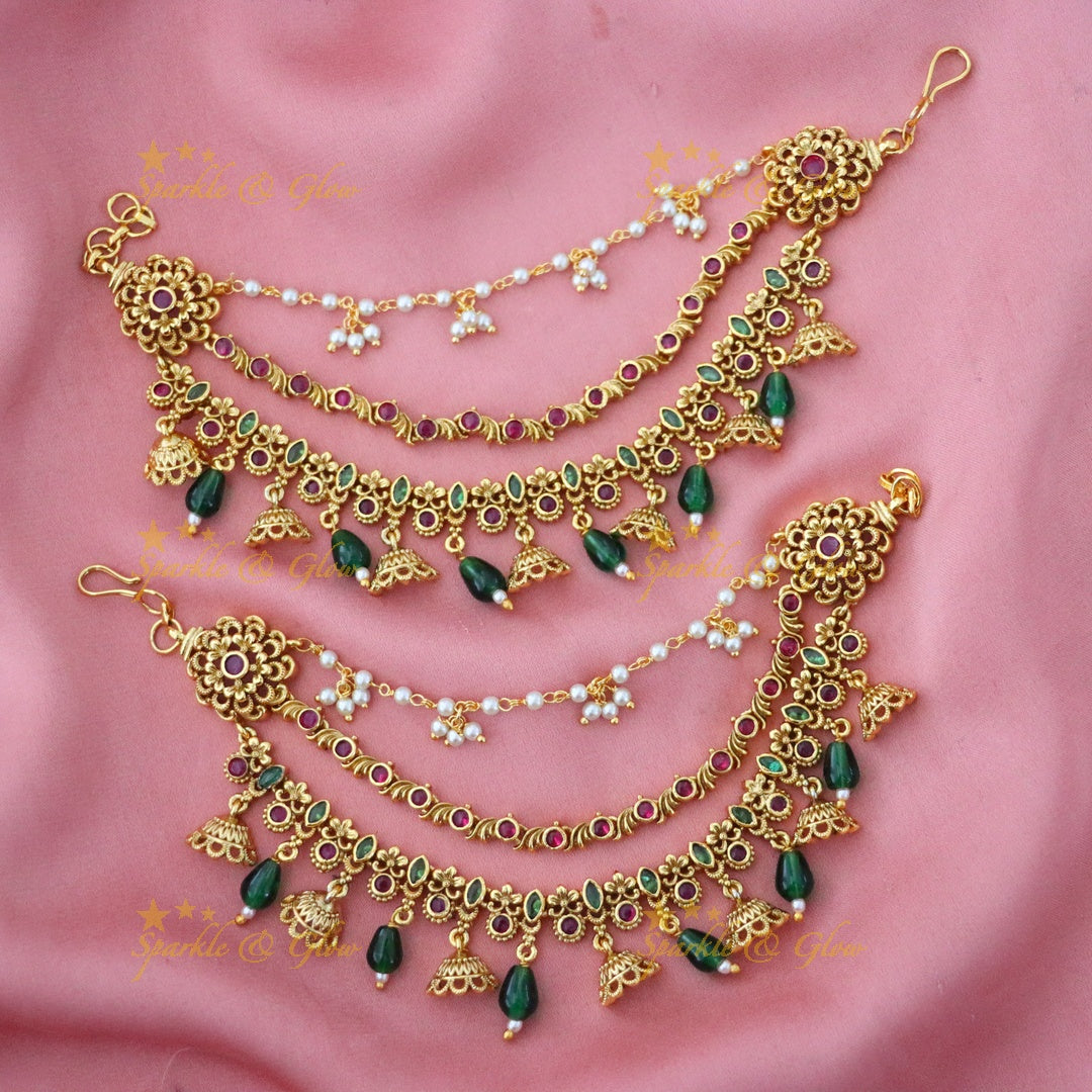 Gold-Like Jhumka & Green Bead Earchain