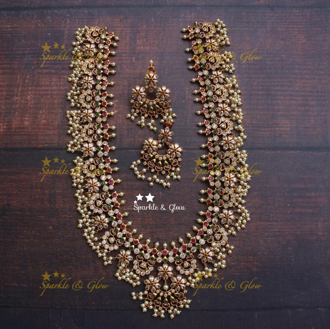 Beautiful gutta pusalu haram with kemp and cz stones - Pink Beads - Sparkle and Glow