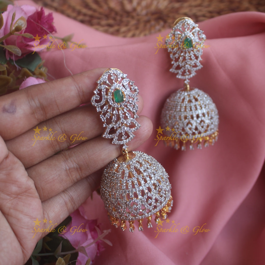 Grand intricate design American diamond jumukas with emerald