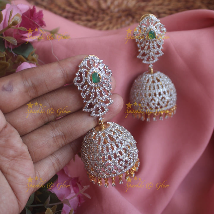 Grand intricate design American diamond jumukas with emerald