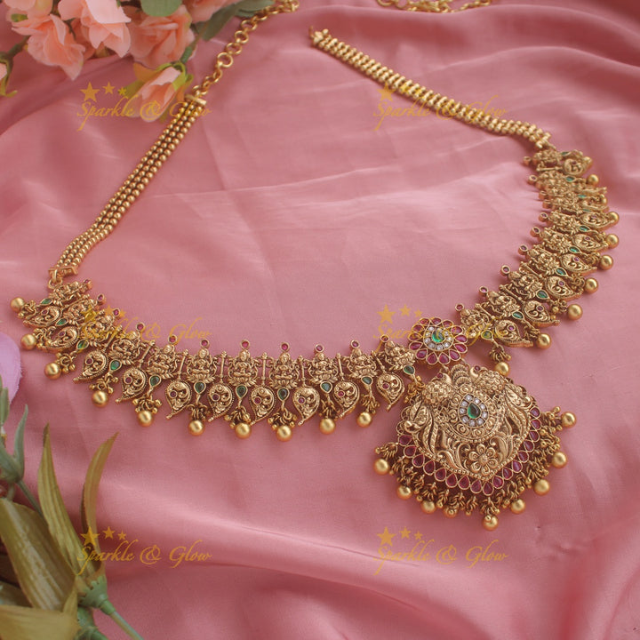 Gold alike Lakshmi peacock mango hipchain with ruby emerald and gold beads