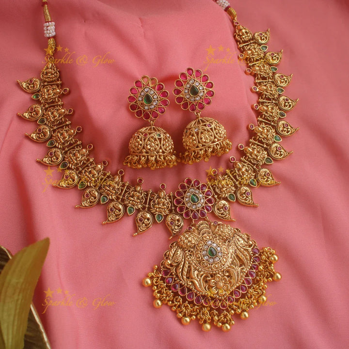 Elegant Gold alike Lakshmi peacock mango short necklace with ruby emerald and green beads - Sparkle and Glow