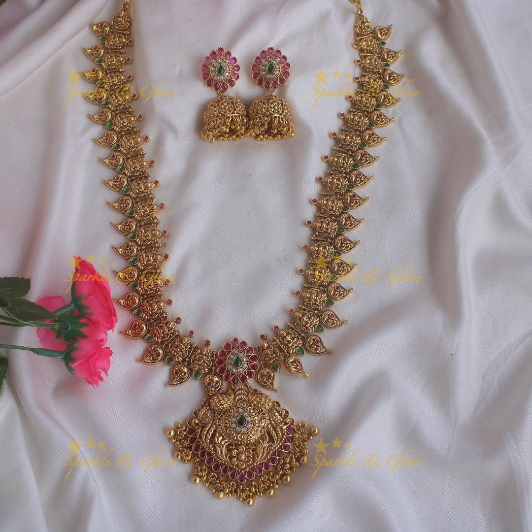 Grand Gold alike Lakshmi peacock mango long necklace with ruby emerald and gold beads - Sparkle and Glow - Back Thread - 
