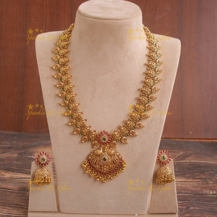 Grand Gold alike Lakshmi peacock mango long necklace with ruby emerald and gold beads - Sparkle and Glow - Back Thread - 