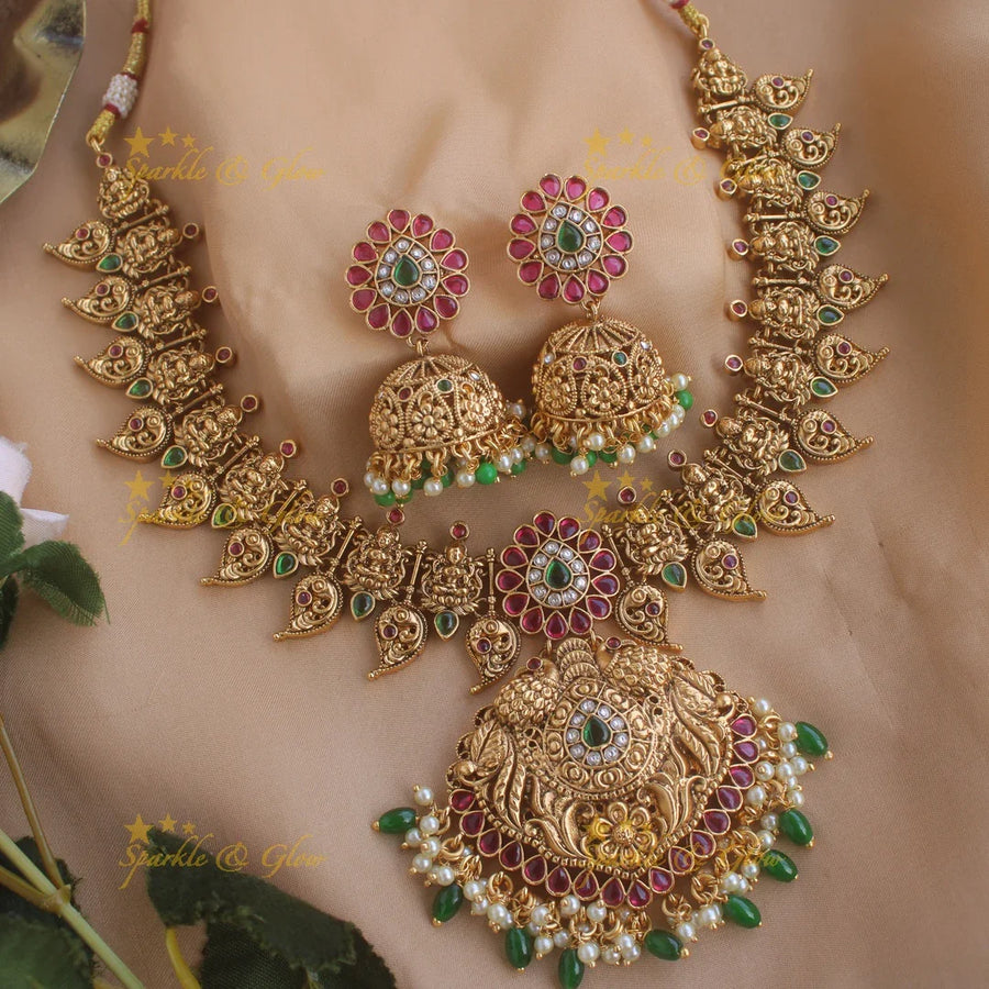 Elegant Gold alike Lakshmi peacock mango short necklace with ruby emerald and green beads - Sparkle and Glow
