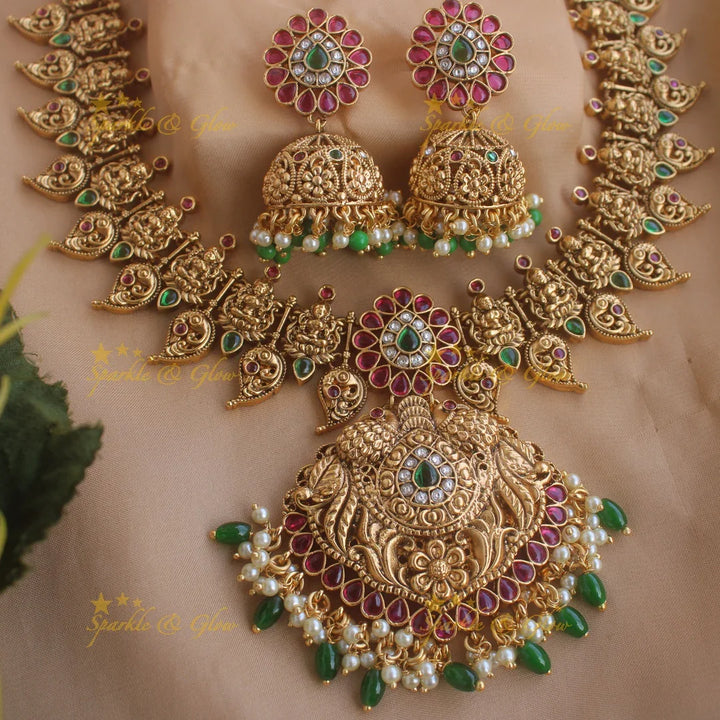 Elegant Gold alike Lakshmi peacock mango short necklace with ruby emerald and green beads - Sparkle and Glow