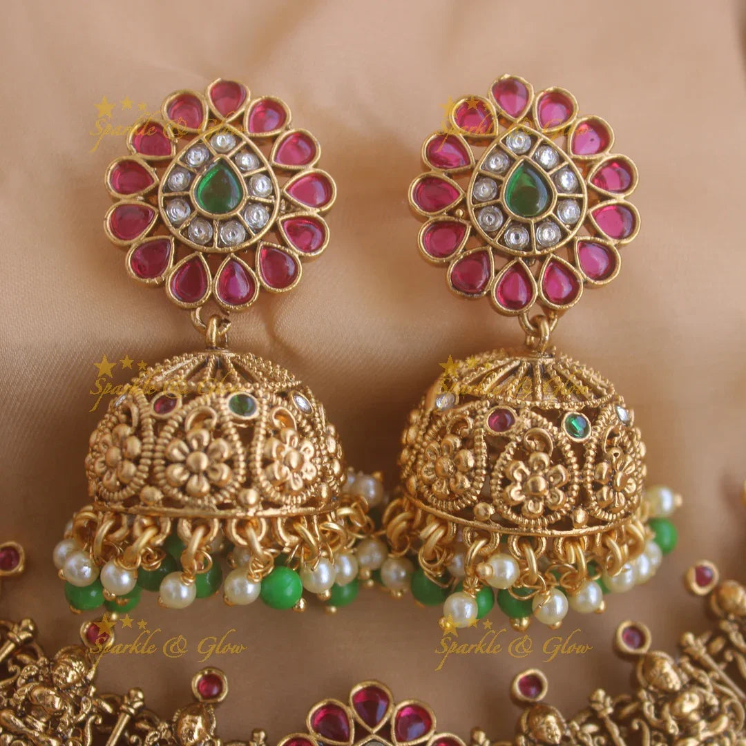 Elegant Gold alike Lakshmi peacock mango short necklace with ruby emerald and green beads - Sparkle and Glow