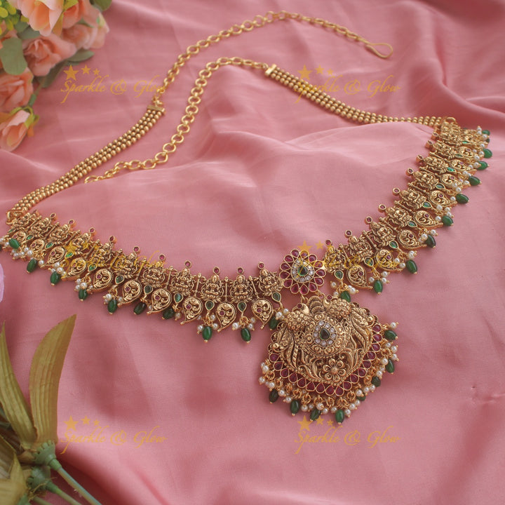 Gold alike Lakshmi peacock mango hipchain with ruby emerald and gold beads
