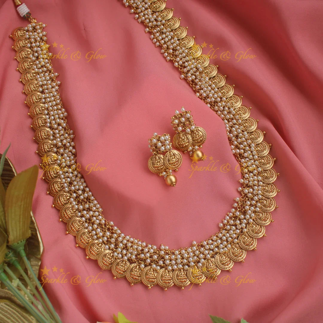 Grand intricate Lakshmi coin haram with cluster gold beads - Sparkle and Glow