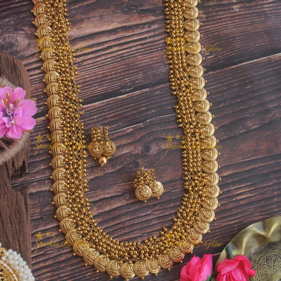 Grand intricate Lakshmi coin haram with cluster gold beads - Sparkle and Glow