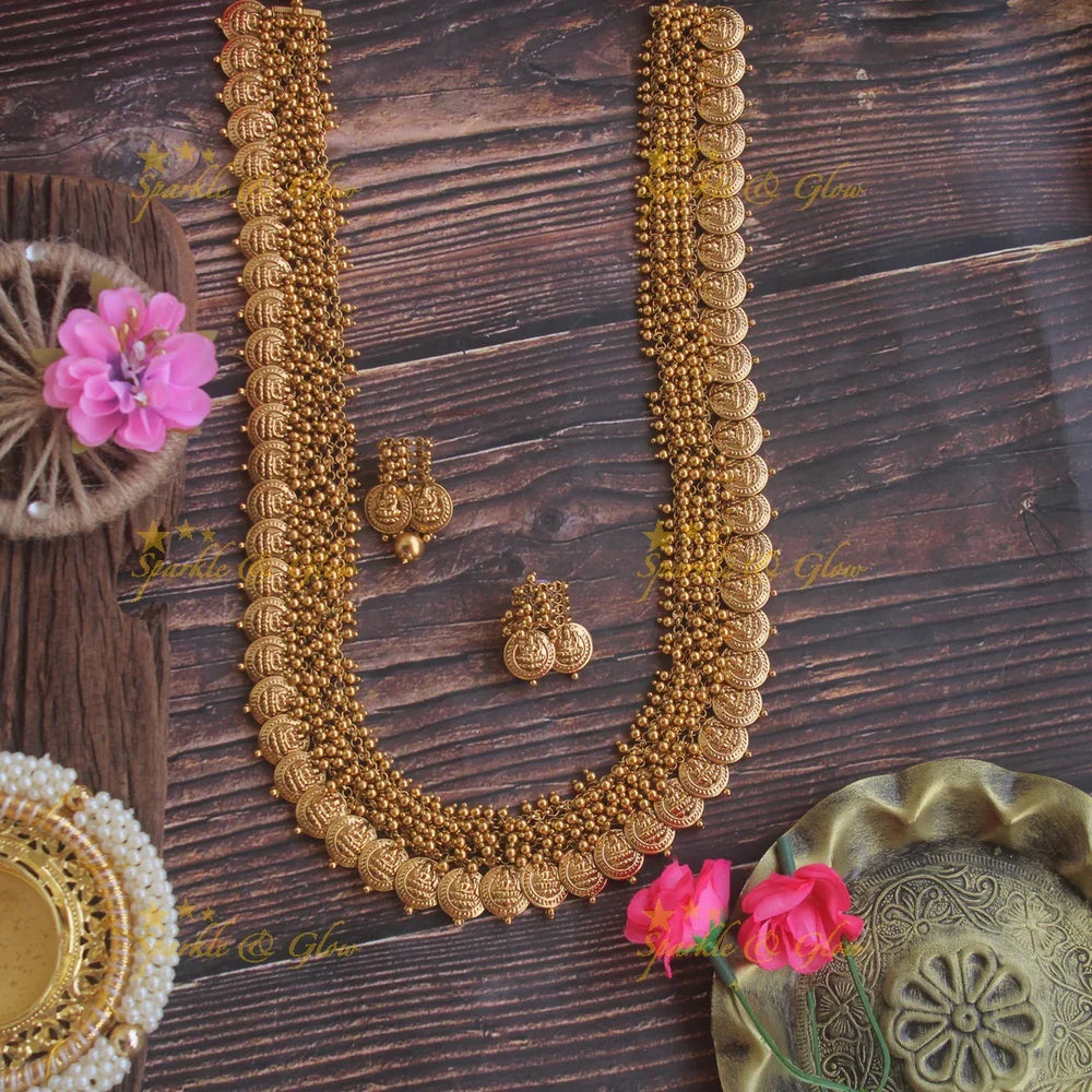 Grand intricate Lakshmi coin haram with cluster gold beads - Sparkle and Glow