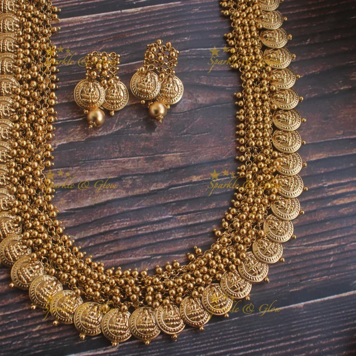 Grand intricate Lakshmi coin haram with cluster gold beads - Sparkle and Glow