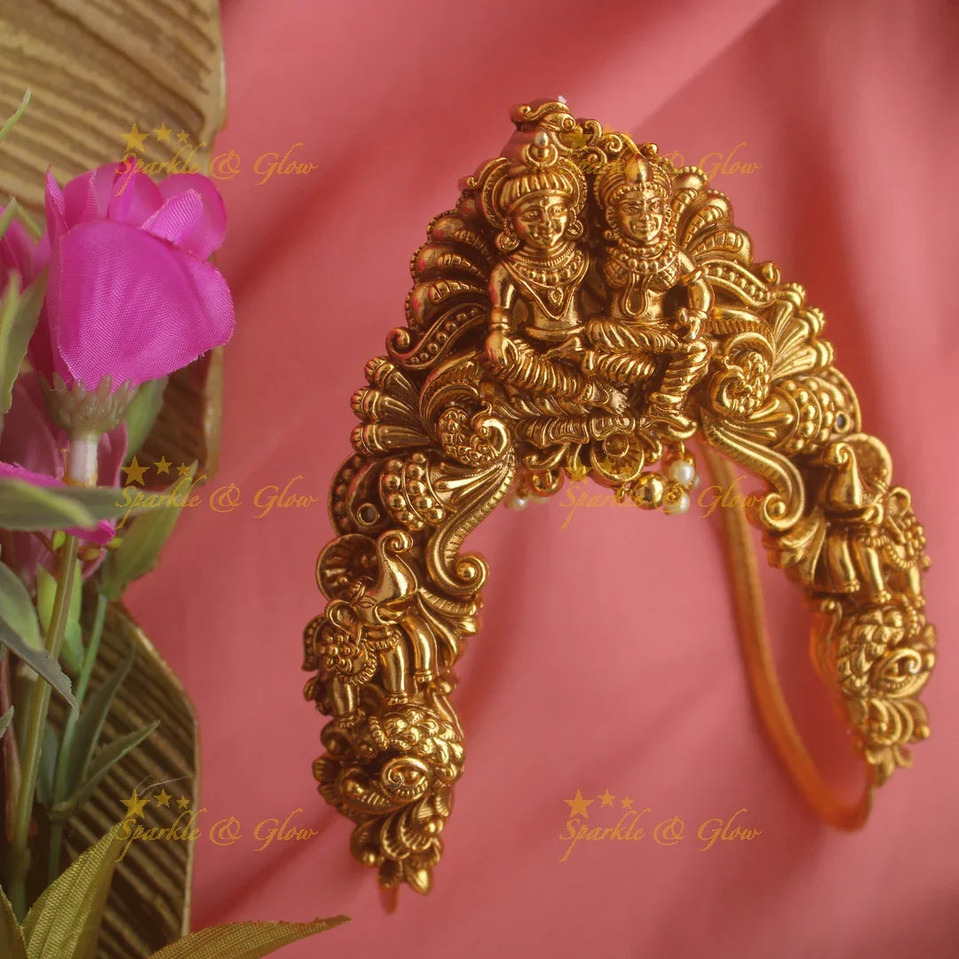 Exclusive Gold alike Shiva parvati elephant peacock carved U shaped vanki, single pc - Sparkle and Glow