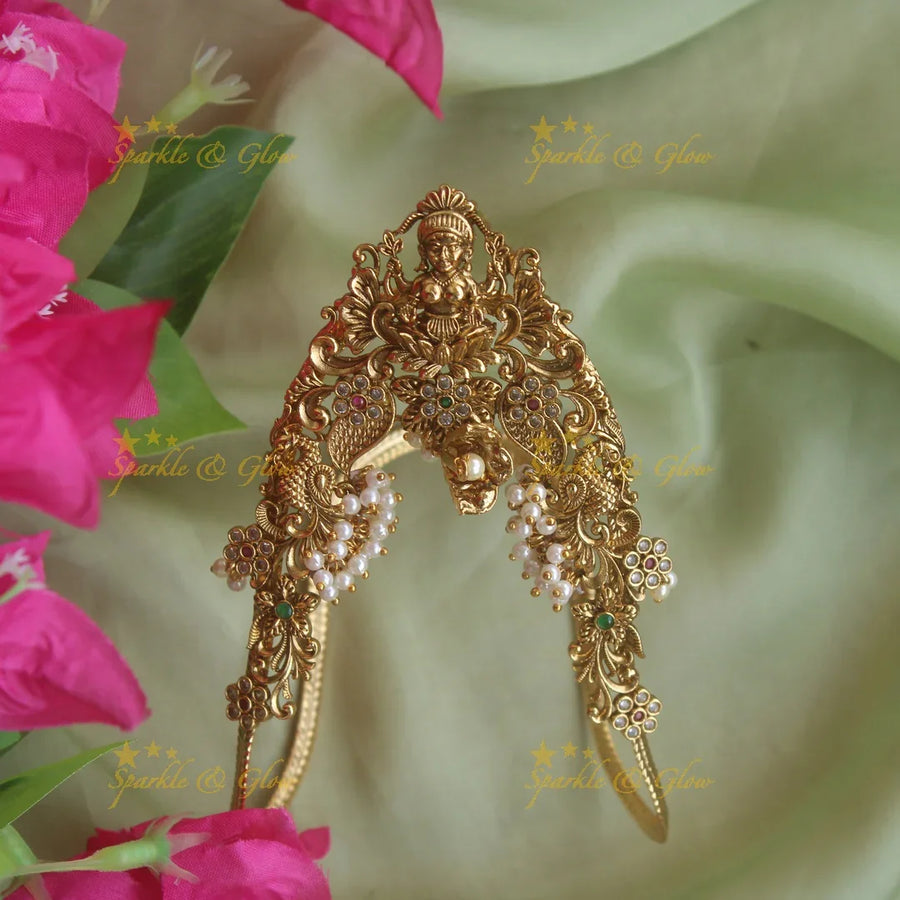 Exclusive Gold alike Lakshmi peacock carved U shaped vanki with multi colour stones, single pc - Sparkle and Glow