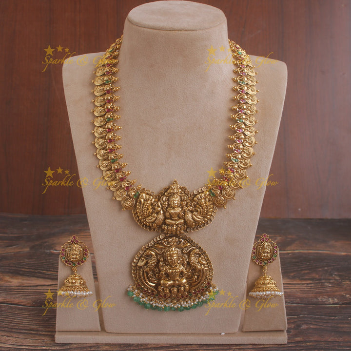 Exquisite Lakshmi peacock carved coin haram with ruby emerald and green beads