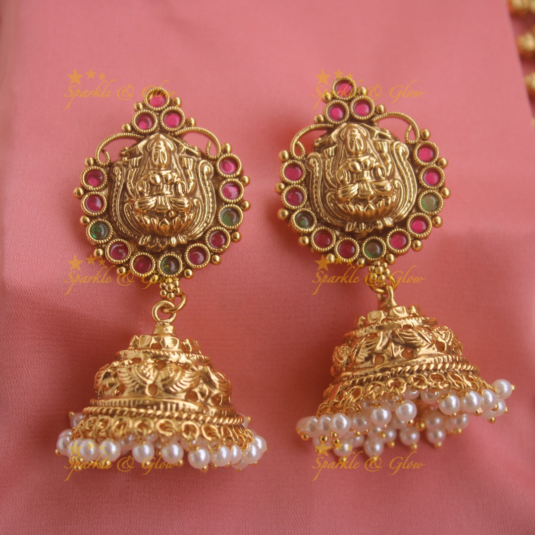 Exquisite Lakshmi peacock carved coin haram with ruby emerald and green beads