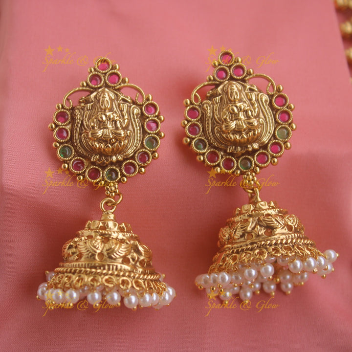 Exquisite Lakshmi peacock carved coin haram with ruby emerald and green beads