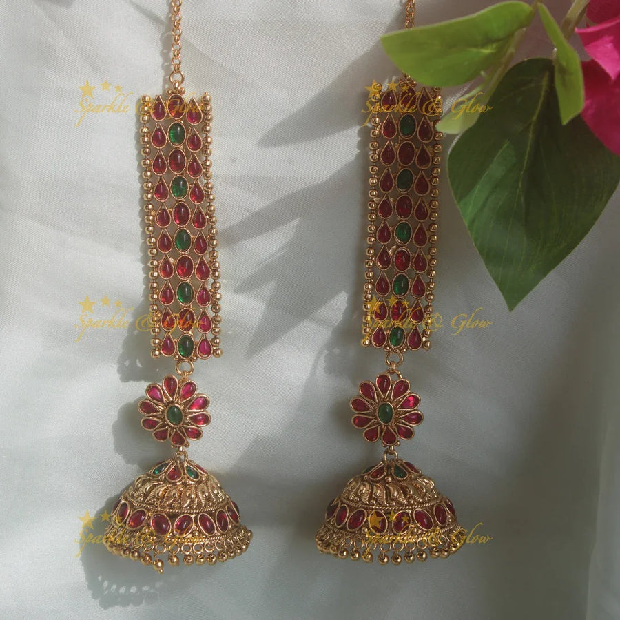 Kemp floral studded jhumukas with earchain - Kemp - Sparkle and Glow
