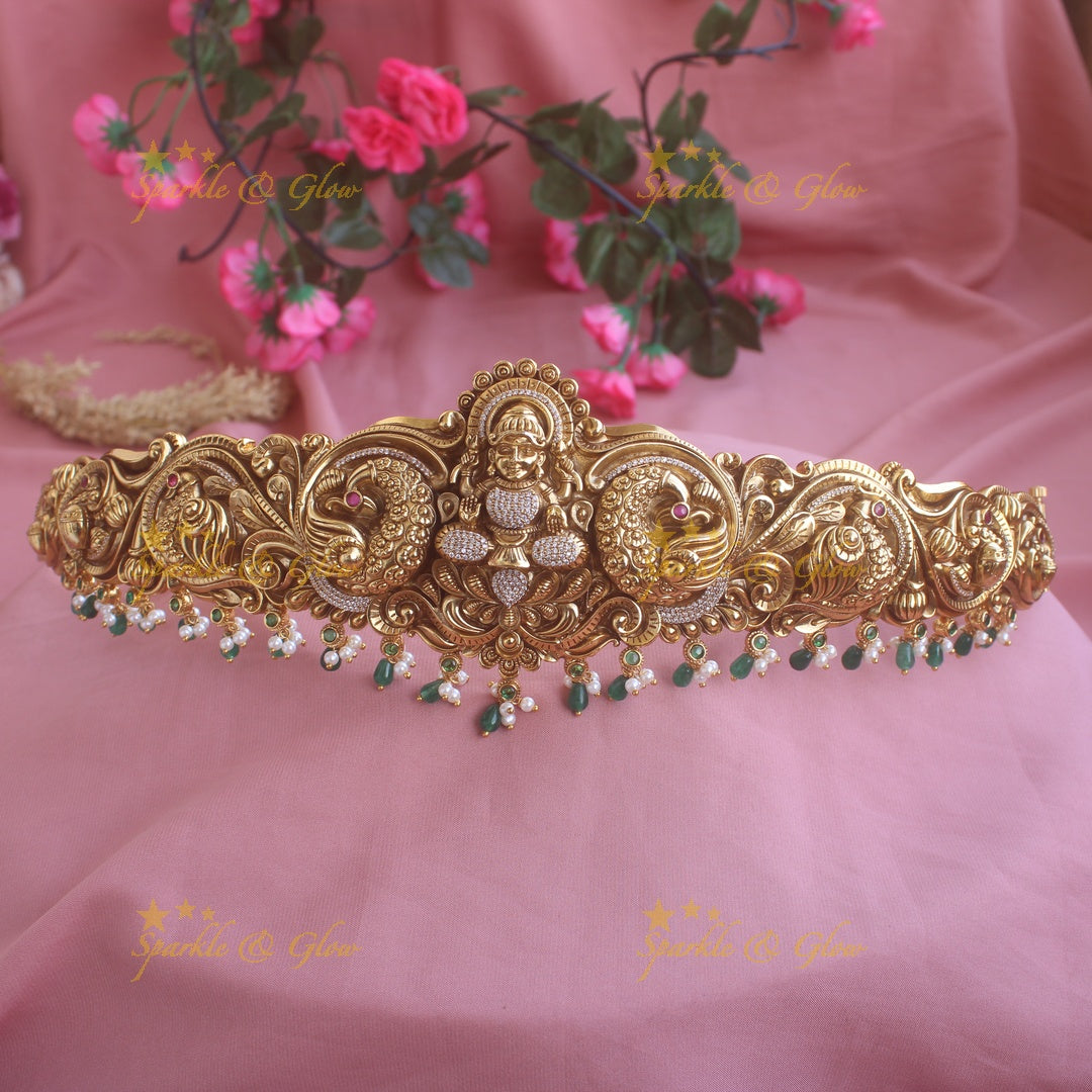 Intricate gold alike Lakshmi hipbelt with green beads