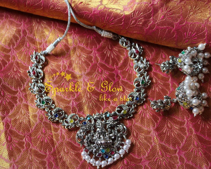 Lakshmi and peacock design temple necklace - Gold - Green - Sparkle and Glow