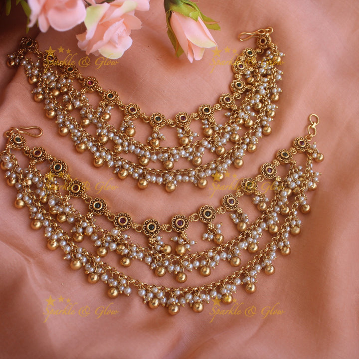 Elegant Floral Pearl and Gold Beads Earchain- White