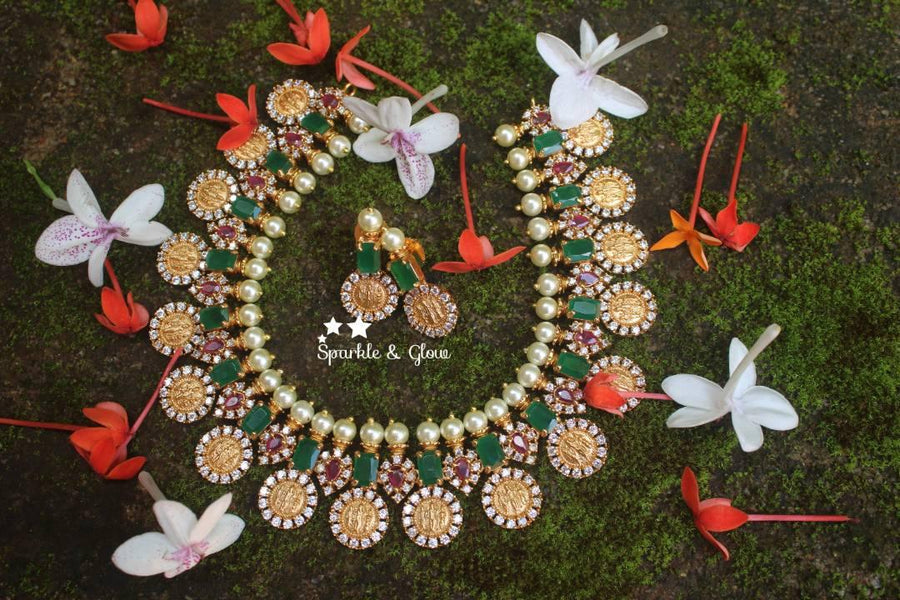 Exquiste ram parivar ruby emarald like stones gold polished coin necklace - Sparkle and Glow