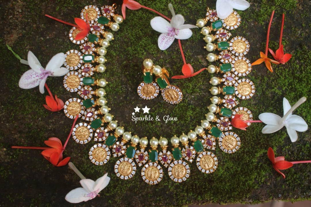 Exquiste ram parivar ruby emarald like stones gold polished coin necklace - Sparkle and Glow