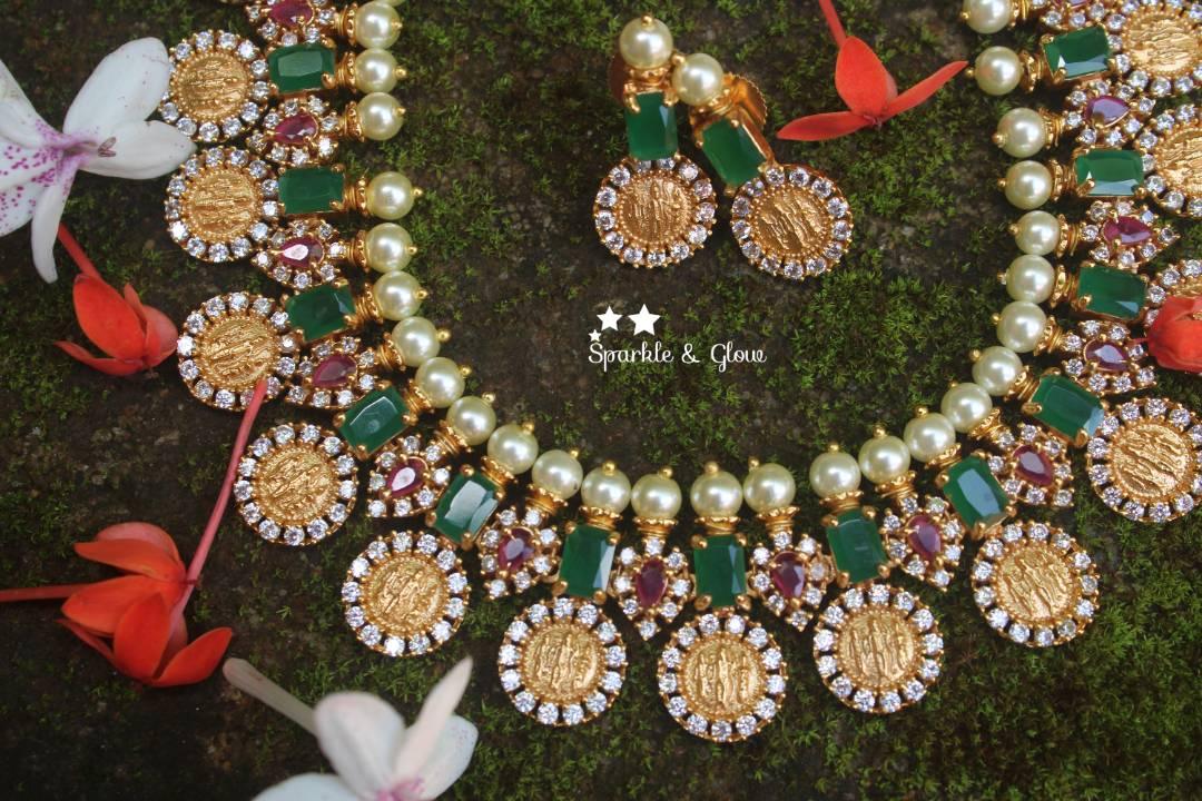 Exquiste ram parivar ruby emarald like stones gold polished coin necklace - Sparkle and Glow