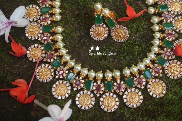 Exquiste ram parivar ruby emarald like stones gold polished coin necklace - Sparkle and Glow