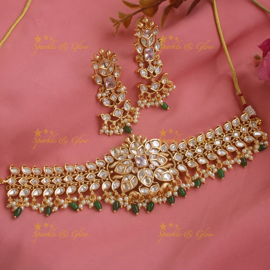 Beautiful floral design jadau choker with pears and green beads - Sparkle and Glow