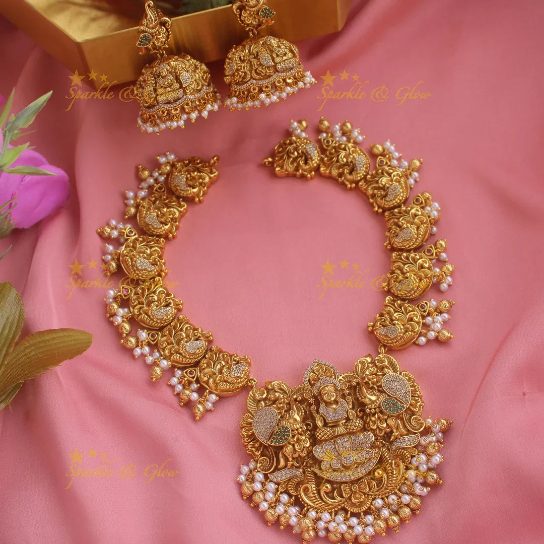 Elegant Gold alike Lakshmi dancing peacock short necklace with cz stones and gold beads - Sparkle and Glow