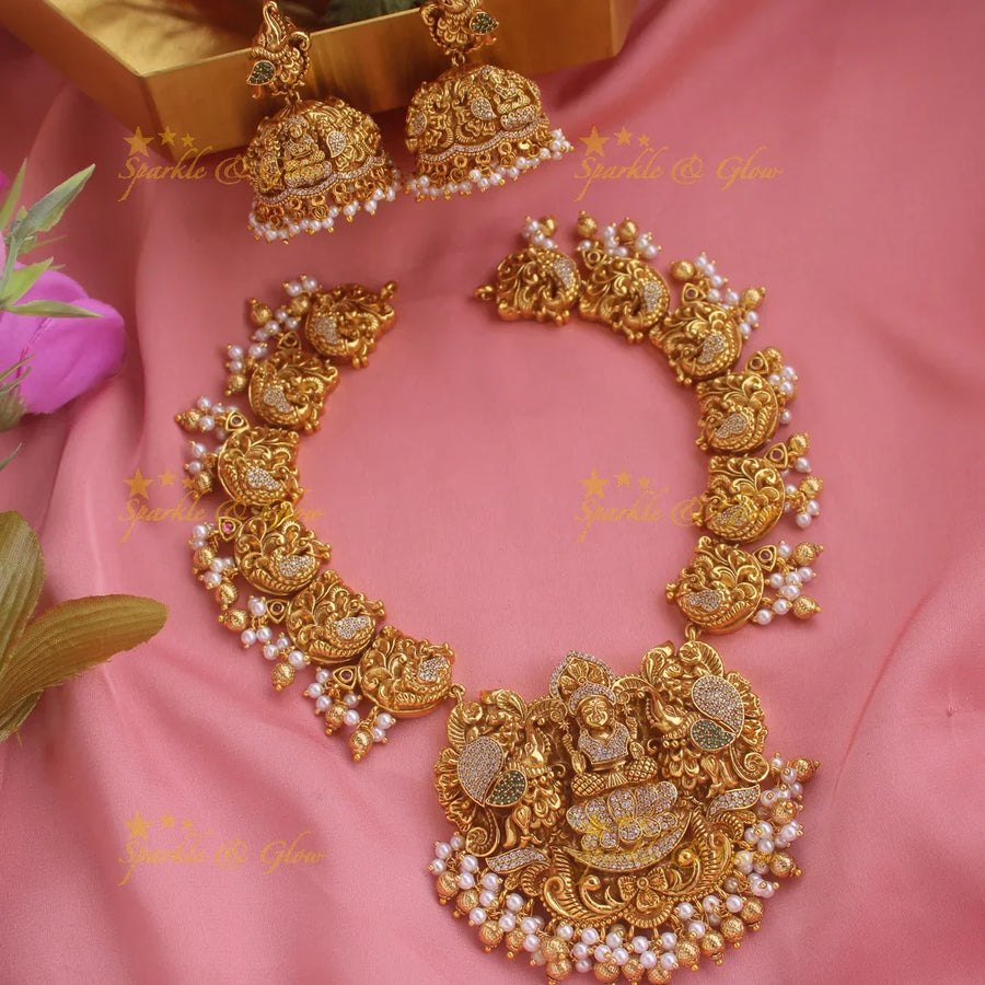 Elegant Gold alike Lakshmi dancing peacock short necklace with cz stones and gold beads - Sparkle and Glow