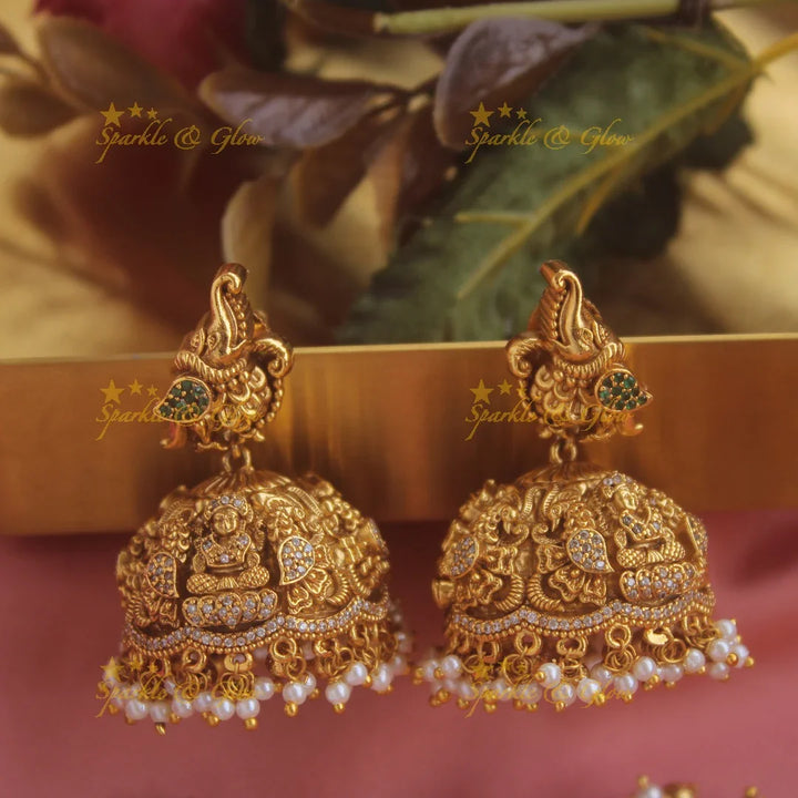 Elegant Gold alike Lakshmi dancing peacock short necklace with cz stones and gold beads - Sparkle and Glow
