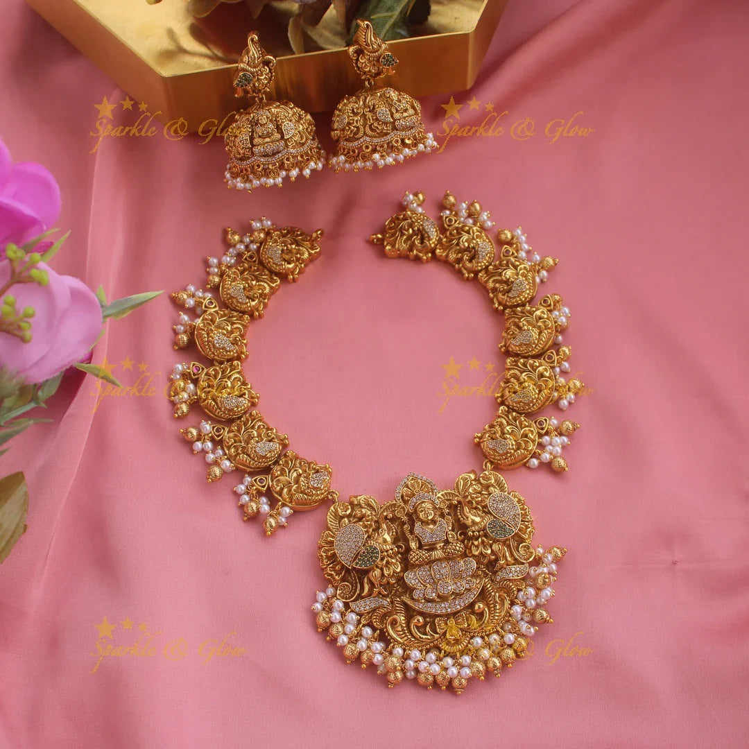 Elegant Gold alike Lakshmi dancing peacock short necklace with cz stones and gold beads - Sparkle and Glow